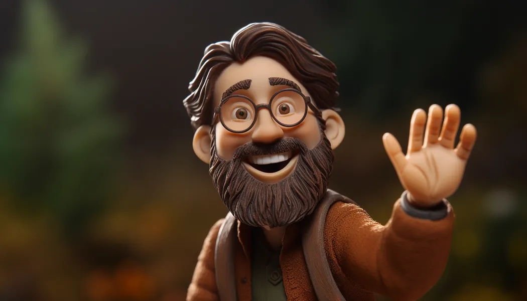 Claymation version of a bearded man waving hello.